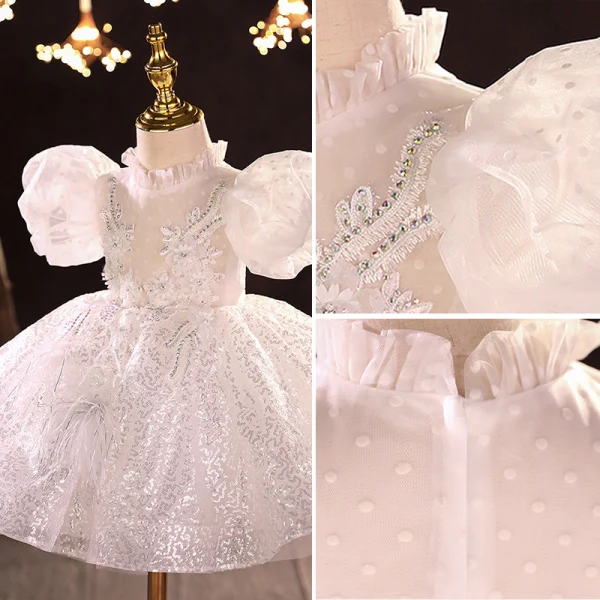 Charming White Beading Sequins Rhinestone Lace Flower Prom Flower Girl Dresses 2022 Ball Gown High Neck Puffy Short Sleeve Floor-Length / Long Flower Girl Dresses