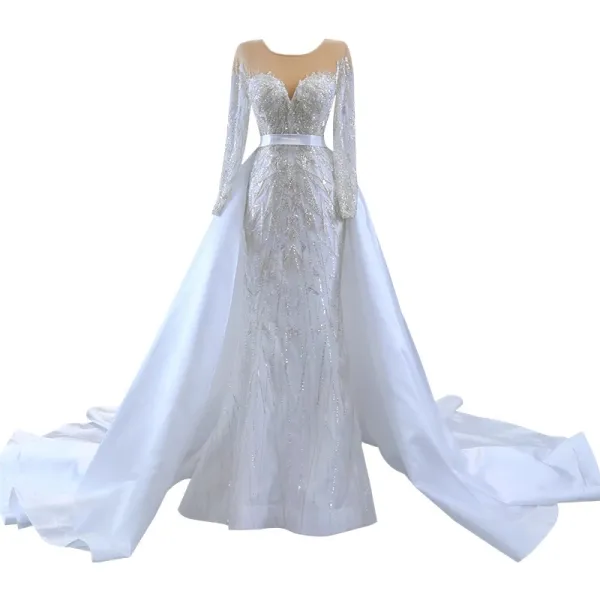 High-end White Handmade  Beading Sequins Wedding Dresses 2023 Trumpet / Mermaid Scoop Neck Long Sleeve Court Train Wedding