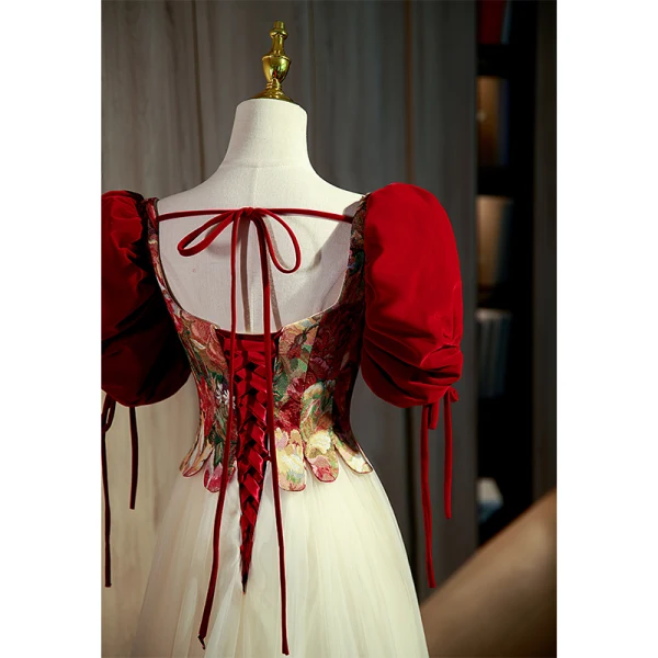 Elegant Burgundy Printing Prom Dresses 2022 A-Line / Princess Square Neckline Short Sleeve Backless Bow Floor-Length / Long Formal Dresses