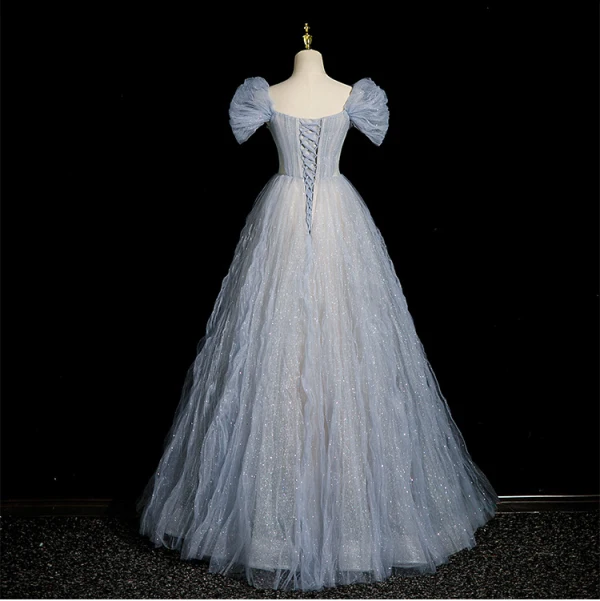 Bling Bling Sky Blue Beading Sequins Ruffle Prom Dresses 2023 A-Line / Princess Off-The-Shoulder Short Sleeve Backless Floor-Length / Long Prom Formal Dresses