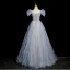 Bling Bling Sky Blue Beading Sequins Ruffle Prom Dresses 2023 A-Line / Princess Off-The-Shoulder Short Sleeve Backless Floor-Length / Long Prom Formal Dresses