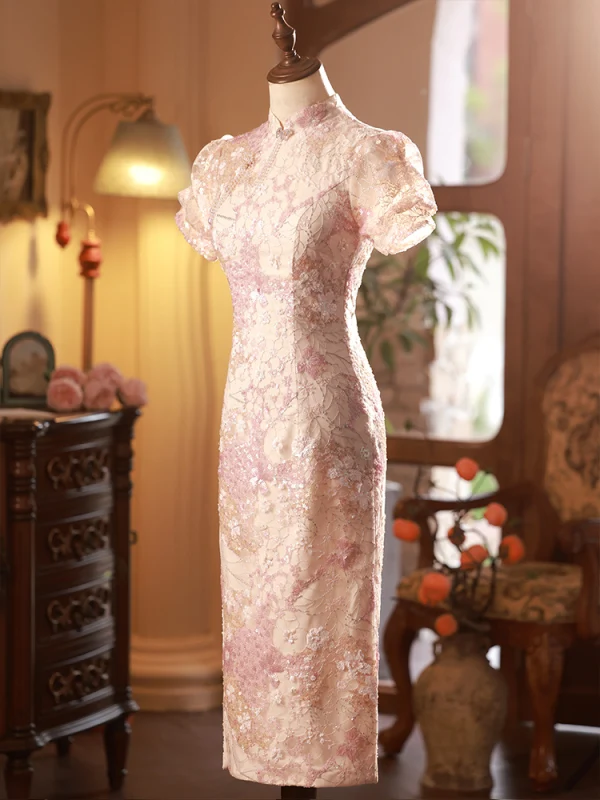 Chiński Styl Rumieniąc Różowy Cekiny Cheongsam 2023 Syrena / Rozkloszowane Wysokiej Szyi Kótkie Rękawy Długość Herbaty Wieczorowe Cheongsam