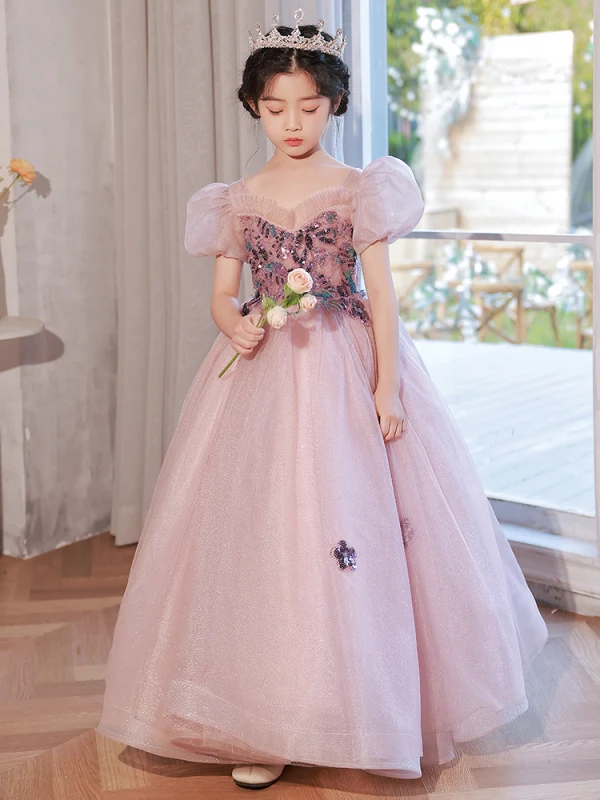Chic / Beautiful Blushing Pink Sequins Birthday Flower Girl Dresses 2022 Ball Gown Square Neckline Puffy Short Sleeve Backless Floor-Length / Long Flower Girl Dresses