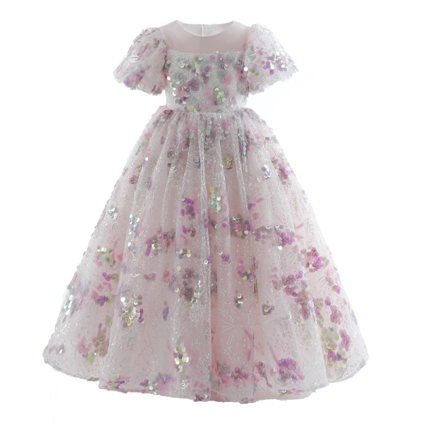 Bling Bling Blushing Pink Beading Sequins Lace Flower Birthday Flower Girl Dresses 2024 Ball Gown Scoop Neck Puffy Short Sleeve Floor-Length / Long