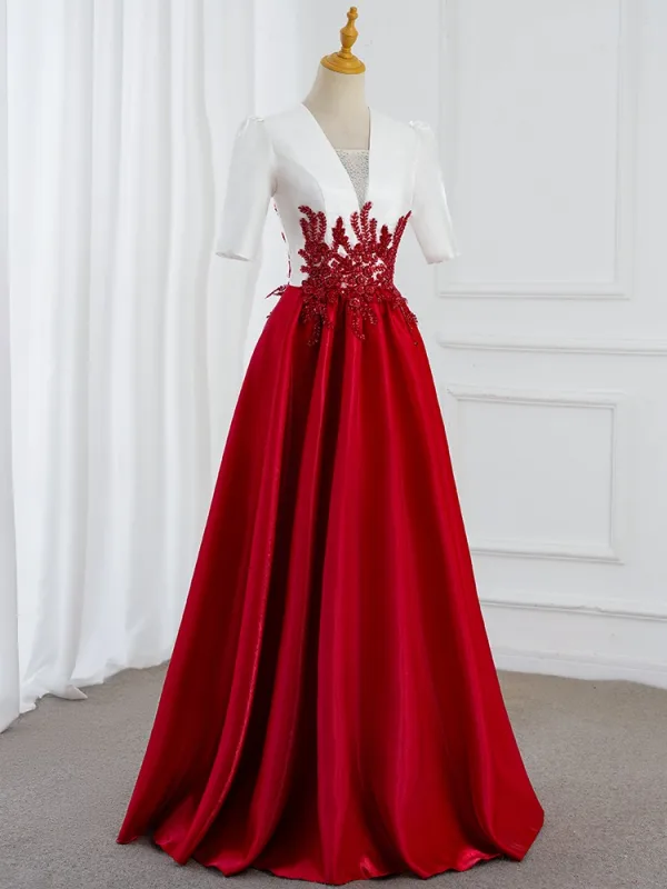 Demure Red Beading Sequins Prom Dresses 2025 Ball Gown V-Neck Short Sleeve Floor-Length / Long Prom Formal Dresses