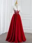 Demure Red Beading Sequins Prom Dresses 2025 Ball Gown V-Neck Short Sleeve Floor-Length / Long Prom Formal Dresses
