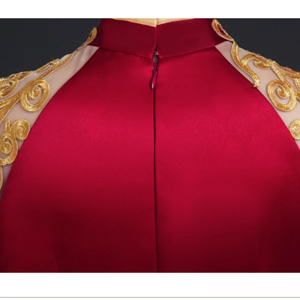 Chinese style Burgundy Satin Lace Flower Evening Dresses 2023 A-Line / Princess High Neck Short Sleeve Floor-Length / Long Evening Party Formal Dresses