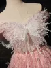 Sexy Charming Blushing Pink Beading Pearl Butterfly Sequins Birthday Party Dresses 2024 A-Line / Princess Off-The-Shoulder Sleeveless Backless Short