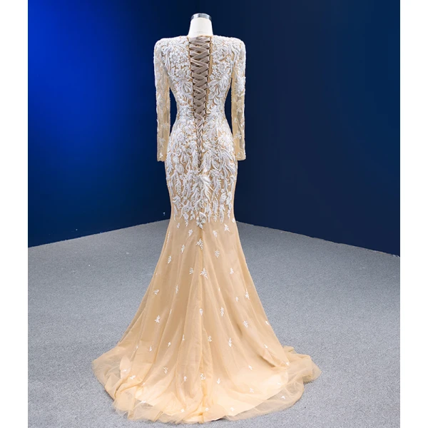 Luxury / Gorgeous Champagne Beading Sequins Lace Flower Evening Dresses 2023 Trumpet / Mermaid Deep V-Neck Long Sleeve Backless Court Train Evening Party Formal Dresses
