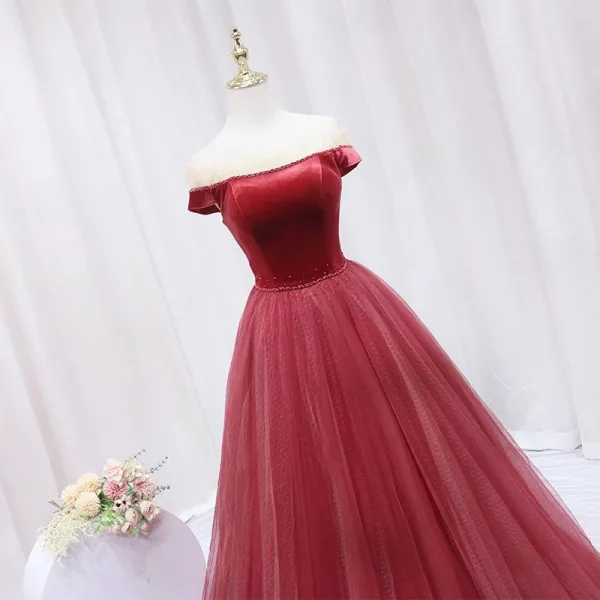 Chic / Beautiful Watermelon Beading Velvet Prom Dresses 2024 Ball Gown Off-The-Shoulder Sleeveless Backless Floor-Length / Long Prom Formal Dresses
