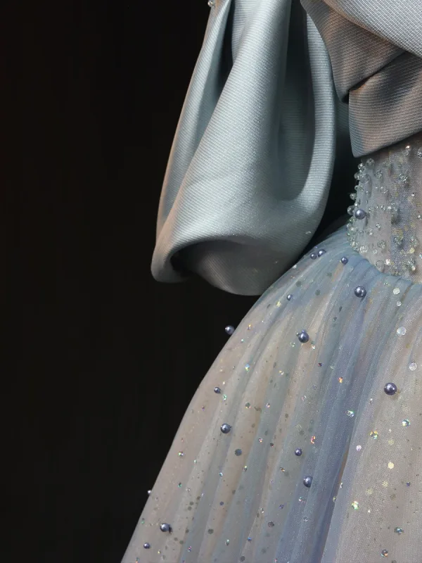 Chic / Beautiful Sky Blue Beading Pearl Sequins Prom Dresses 2025 A-Line / Princess Off-The-Shoulder Short Sleeve Backless Floor-Length / Long Prom Formal Dresses