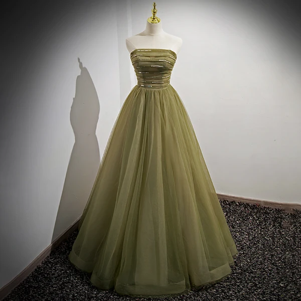 Chic / Beautiful Clover Green Pearl Sequins Prom Dresses 2023 A-Line / Princess Strapless Short Sleeve Backless Bow Floor-Length / Long Prom Formal Dresses
