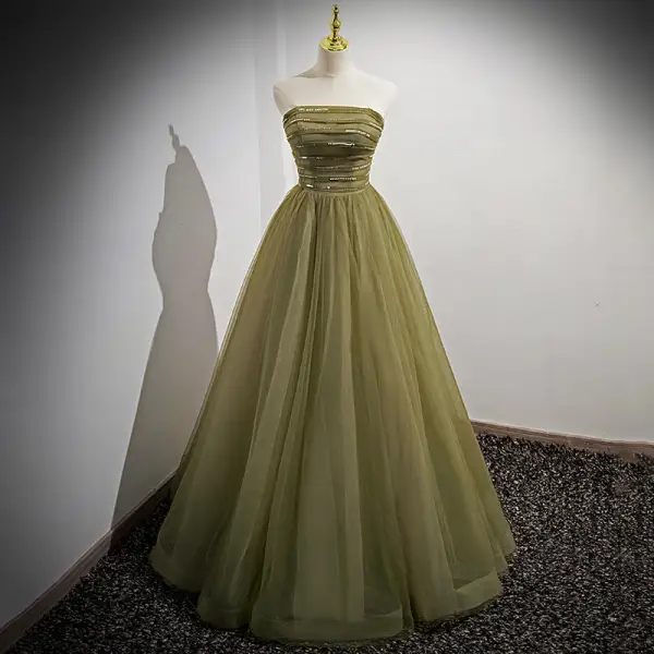 Modest / Simple Clover Green Pearl Sequins Prom Dresses 2022 A-Line / Princess Strapless Short Sleeve Backless Floor-Length / Long Prom Formal Dresses