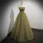 Modest / Simple Clover Green Pearl Sequins Prom Dresses 2022 A-Line / Princess Strapless Short Sleeve Backless Floor-Length / Long Prom Formal Dresses