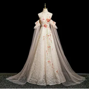 Élégant Champagne Perlage Gland Paillettes En Dentelle Fleur Robe De Bal 2025 Princesse Col Haut Manches Courtes Dos Nu Longue Robe De Ceremonie