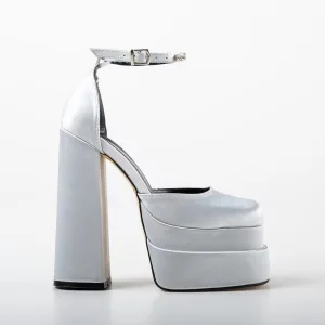 Amazing Unique Silver Cocktail Party Womens Shoes 2022 Ankle Strap 15 Cm Thick Heels Square Toe High Heels