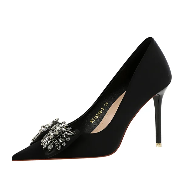 Snygga / Fina Svarta Rhinestone Afton Pumps 2023 10 cm Högklackade Spetsiga Pumps Stilettklackar