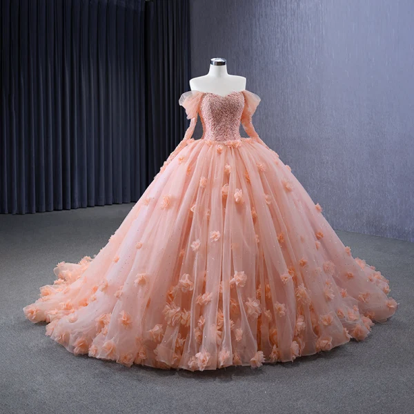 Luxury / Gorgeous Candy Pink Handmade  Beading Pearl Sequins Lace Flower Appliques Cascading Ruffles Prom Dresses 2023 Ball Gown Off-The-Shoulder 3/4 Sleeve Backless