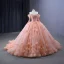 Luxury / Gorgeous Candy Pink Handmade  Beading Pearl Sequins Lace Flower Appliques Cascading Ruffles Prom Dresses 2023 Ball Gown Off-The-Shoulder 3/4 Sleeve Backless