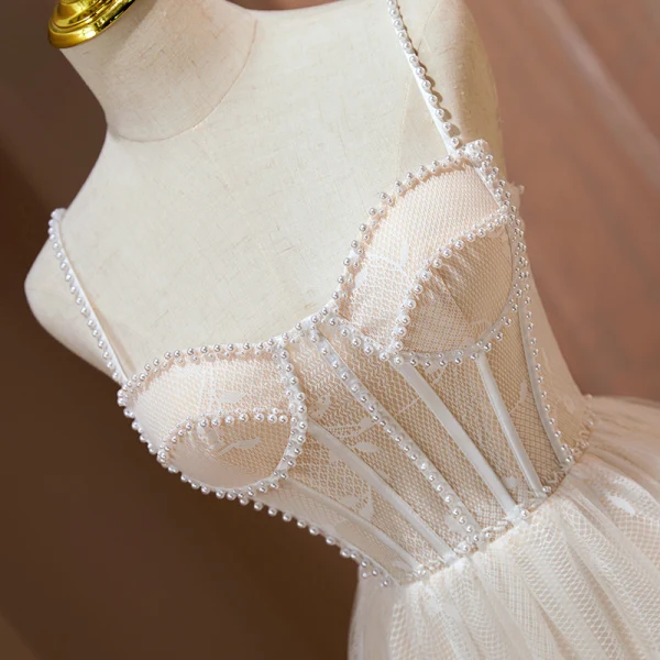 Sexy Nude Pearl Pierced Evening Party Party Dresses 2022 A-Line / Princess Spaghetti Straps Sleeveless Backless Short Party Dresses