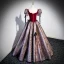 Ethnic Burgundy Prom Dresses 2023 Ball Gown V-Neck Puffy Short Sleeve Backless Floor-Length / Long Prom Formal Dresses