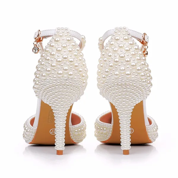 Elegant Beige Pearl Womens Shoes 2025 Ankle Strap 9 cm Stiletto Heels Wedding Pointed Toe High Heels Heels