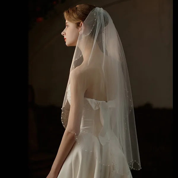 Elegant White Pearl Bridal Wedding Veils 2025 Wedding Tulle
