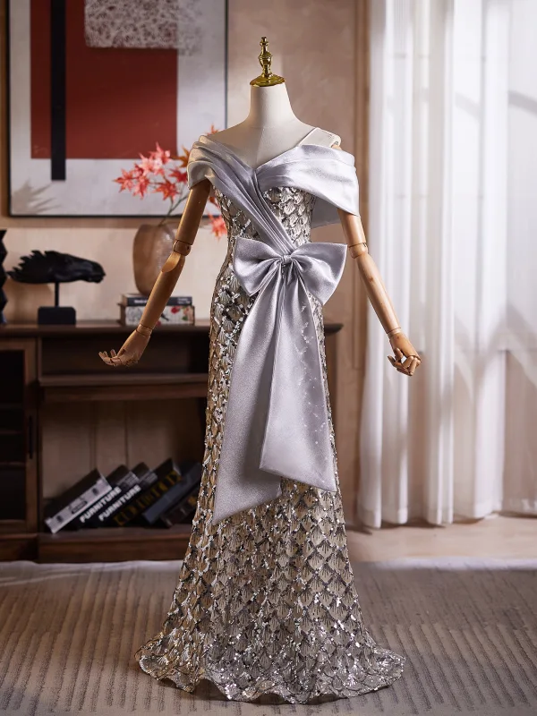 Scintillantes Argenté Noeud Paillettes Robe De Bal 2026 Trompette / Sirène De l'épaule Manches Courtes Dos Nu Longue Robe De Ceremonie
