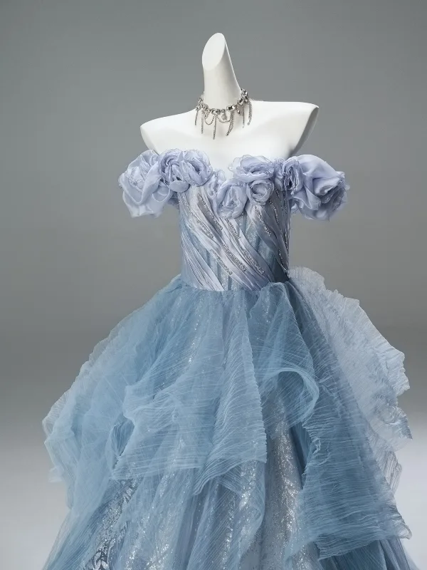 High-end Sky Blue Sequins Rhinestone Prom Dresses 2025 Ball Gown Off-The-Shoulder Short Sleeve Backless Sweep Train Prom Formal Dresses