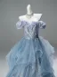 High-end Sky Blue Sequins Rhinestone Prom Dresses 2025 Ball Gown Off-The-Shoulder Short Sleeve Backless Sweep Train Prom Formal Dresses