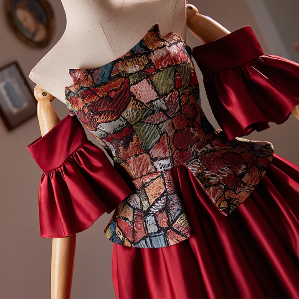 Vintage / Retro Burgundy Embroidered Homecoming Satin Short Graduation Dresses 2024 Off-The-Shoulder Short Sleeve Backless Formal Dresses