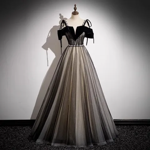 Piękne Czarne Cekiny Sukienki Na Bal 2023 Princessa Perła Rhinestone Spaghetti Pasy Szarfa Kótkie Rękawy Bez Pleców Długie Bal Sukienki Wizytowe
