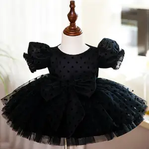 Chic Belle Noire Tachetée Courte Anniversaire Robe Ceremonie Fille 2022 Robe Boule Encolure Dégagée Gonflée Manches Courtes Noeud Robe Ceremonie Fille
