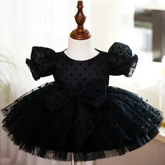 Chic Beautiful Black Spotted Short Birthday Flower Girl Dresses 2022 Ball Gown Scoop Neck Puffy Short Sleeve Bow Flower Girl Dresses