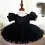 Chic / Beautiful Black Spotted Short Birthday Flower Girl Dresses 2022 Ball Gown Scoop Neck Puffy Short Sleeve Bow Flower Girl Dresses