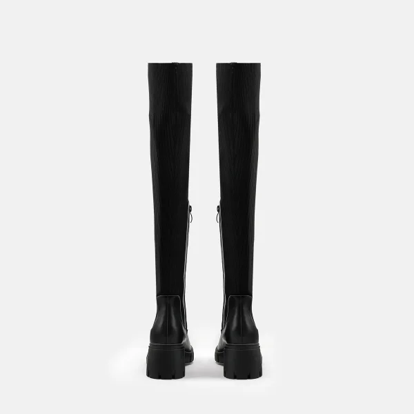 Fashion Beige Street Wear Sock Boots Womens Boots 2023 6 cm Thick Heels Round Toe Boots