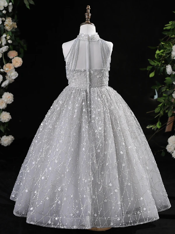 Chic / Beautiful Grey Beading Sequins Birthday Flower Girl Dresses 2024 A-Line / Princess High Neck Sleeveless Floor-Length / Long Tulle