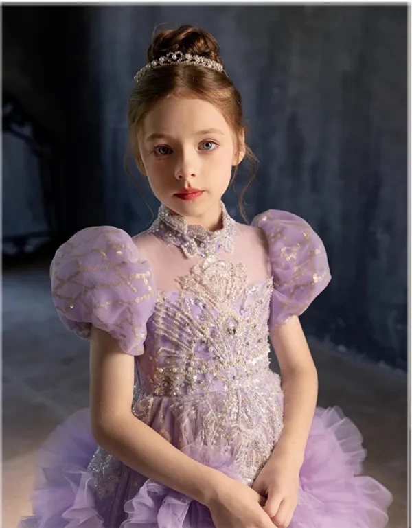 Elegant Lavender Beading Pearl Sequins Birthday Flower Girl Dresses 2025 Ball Gown High Neck Puffy Short Sleeve Backless Sweep Train