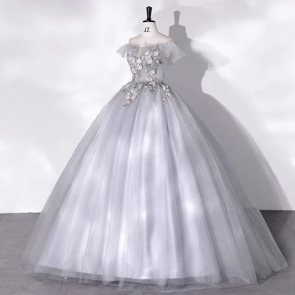 Chic / Beautiful Grey Beading Appliques Prom Dresses 2022 Ball Gown Off-The-Shoulder Short Sleeve Backless Floor-Length / Long Prom Formal Dresses