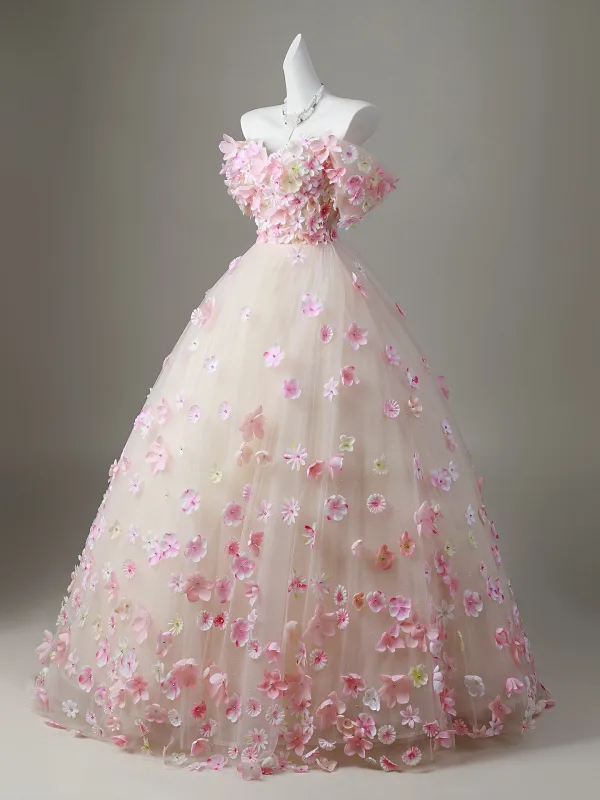 Blumenfee Rosa Perle Applikationen Ballkleider 2026 Ballkleid Off Shoulder Kurze Ärmel Rückenfreies Lange Festliche Kleider