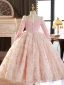 Chic / Beautiful Blushing Pink Beading Pearl Sequins Birthday Flower Girl Dresses 2024 Ball Gown Square Neckline Long Sleeve Tea-length