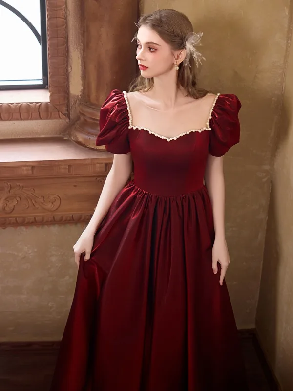 Chic / Beautiful Burgundy Pearl Prom Dresses 2025 A-Line / Princess Square Neckline Puffy Short Sleeve Backless Floor-Length / Long Formal Dresses