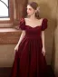Chic / Beautiful Burgundy Pearl Prom Dresses 2025 A-Line / Princess Square Neckline Puffy Short Sleeve Backless Floor-Length / Long Formal Dresses