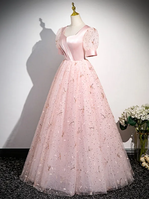 Chic / Belle Rougissant Rose Paillettes Robe De Bal 2024 Princesse Encolure Carrée Manches Courtes Dos Nu Longue Promo Robe De Ceremonie