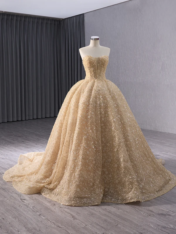High-end Bling Bling Gold Beading Sequins Pearl Prom Dresses 2024 Ball Gown Strapless Sleeveless Backless Sweep Train Prom Formal Dresses