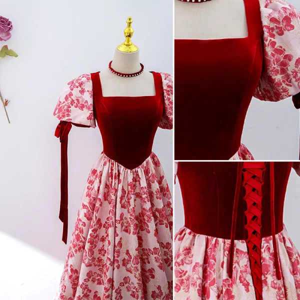 Vintage / Retro Red Floral Prom Dresses 2022 A-Line / Princess Square Neckline Short Sleeve Backless Bow Floor-Length / Long Prom Formal Dresses