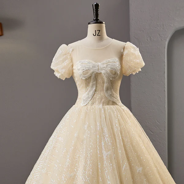 Charming Bling Bling Champagne Prom Dresses 2023 Ball Gown Scoop Neck Beading Bow Sequins Short Sleeve Backless Floor-Length / Long Prom Formal Dresses