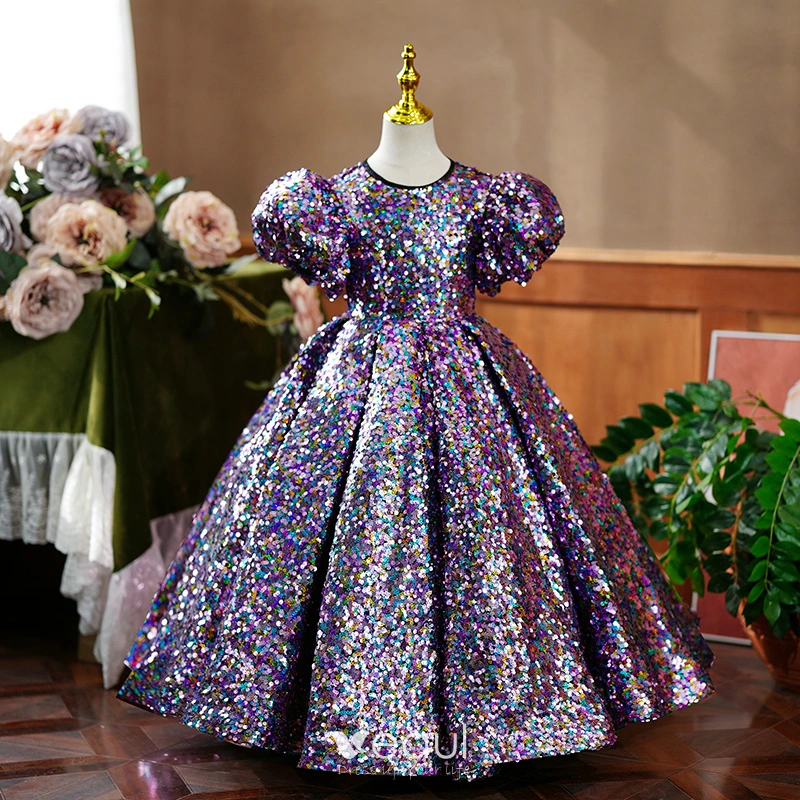 Sparkly Multi Colors Sequins Purple Birthday Flower Girl Dresses 2023 Ball Gown Scoop Neck Puffy Short Sleeve Backless Floor Length Long