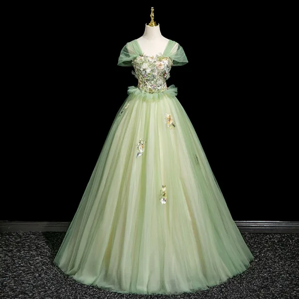 Elegant Sage Green Sequins Lace Flower Prom Dresses 2025 Ball Gown Off-The-Shoulder Short Sleeve Backless Floor-Length / Long Formal Dresses