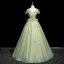 Elegant Sage Green Sequins Lace Flower Prom Dresses 2025 Ball Gown Off-The-Shoulder Short Sleeve Backless Floor-Length / Long Formal Dresses